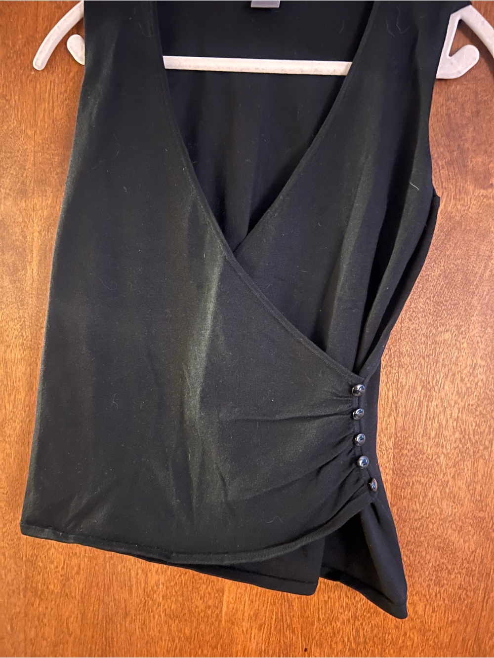 Ann Taylor Black Faux-Wrap Sleeveless Top with Side Button Detail